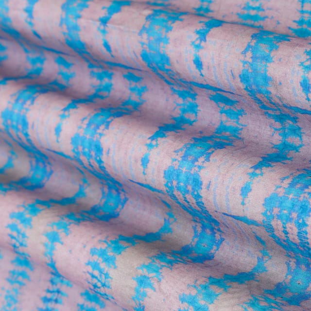 Blush Pink and Blue Motif Print Mulmul Silk Fabric