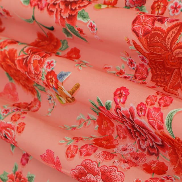 Carrot Pink Georgette Floral Print Fabric