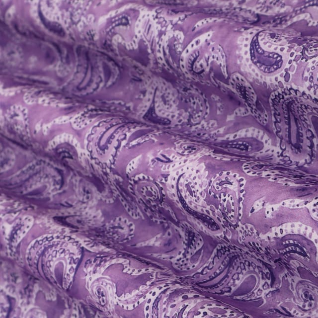 Iris Purple Linen Satin Big Paan Print Fabric