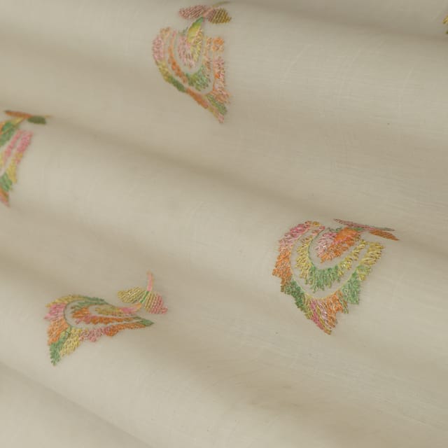 Pure White Chanderi Floral Threadwork Embroidery Fabric