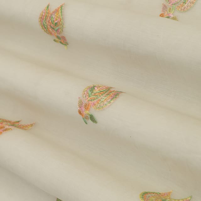 Bright White Chanderi Floral Threadwork Embroidery Fabric