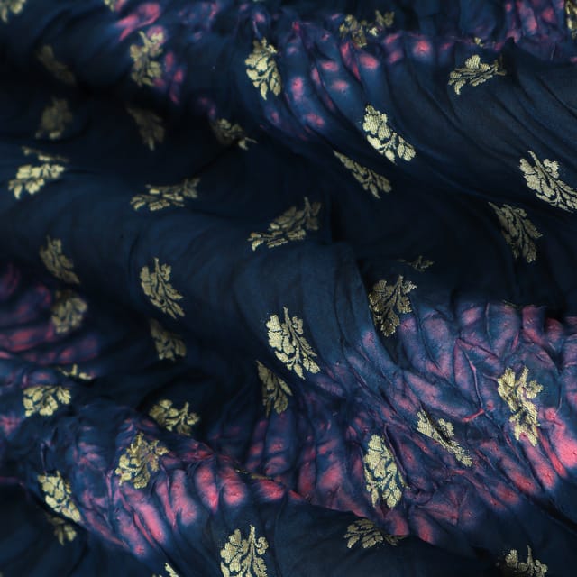 Royal Blue Bandhani Shibori Golden Zari Work Booti Brocade Fabric