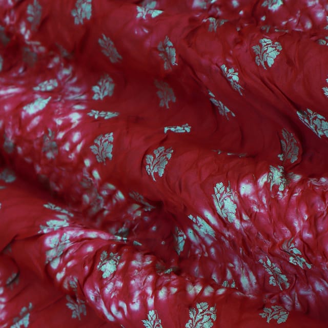 Tart Red Bandhani Shibori Golden Zari Work Booti Brocade Fabric
