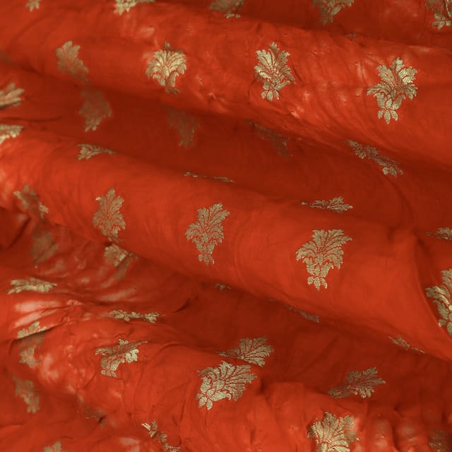 Indian Red Bandhani Shibori Golden Zari Work Booti Brocade Fabric