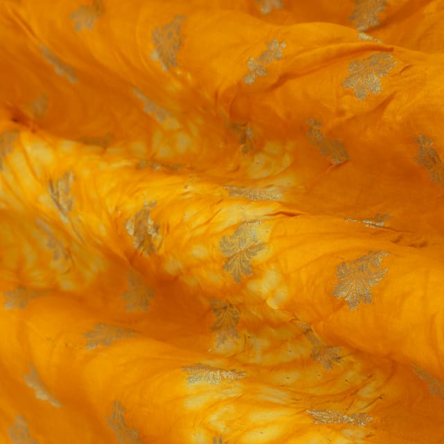 Bright Yellow Bandhani Shibori Golden Zari Work Booti Brocade Fabric