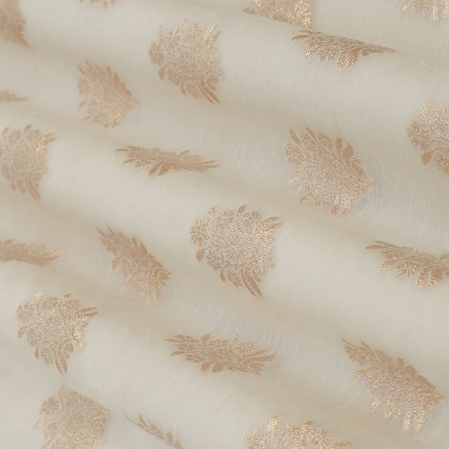 Off White Chanderi Jacquard Dim Golden Zari work Floral Fabric