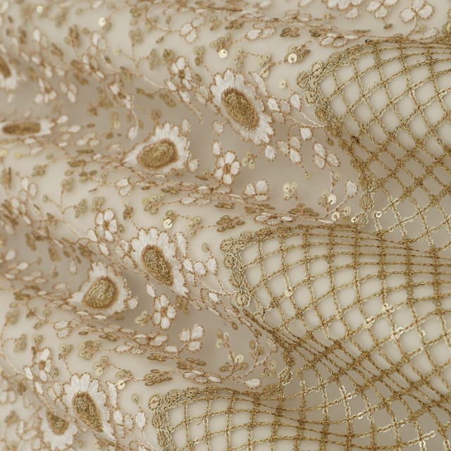 Pure White Net Floral Sequin Embroidery Fabric