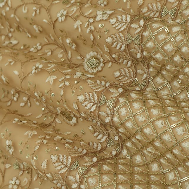 Peanut Brown Net Floral Heavy Sequin Embroidery Fabric
