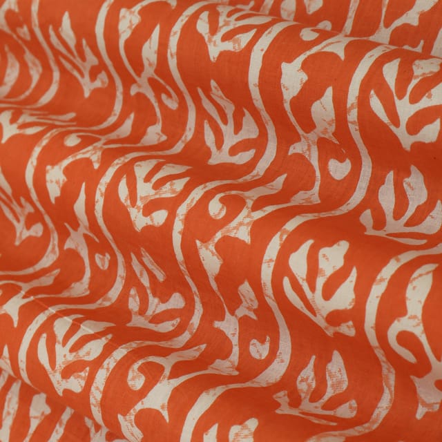 Tangerine Orange Cotton Floral Stripe Print Fabric