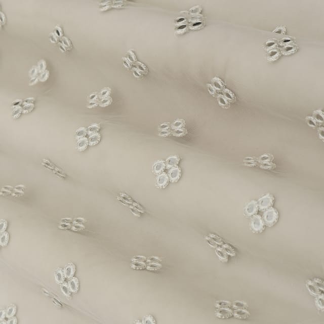 White Net Mirror Work Embroidery Fabric