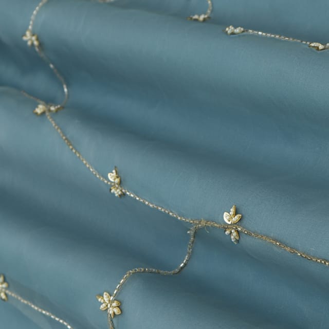 Sky Blue Organza Floral Beads Embroidery Fabric