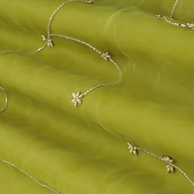 Parrot Green Organza Floral Beads Embroidery Fabric