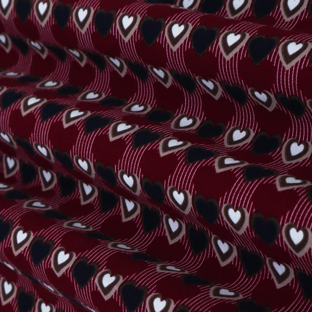 Deep Magenta Woolen Lycra Heart Print Fabric