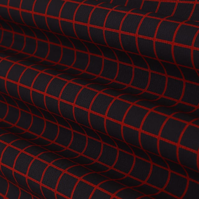 Tart Red & Black Woolen Lycra Check Box Print Fabric