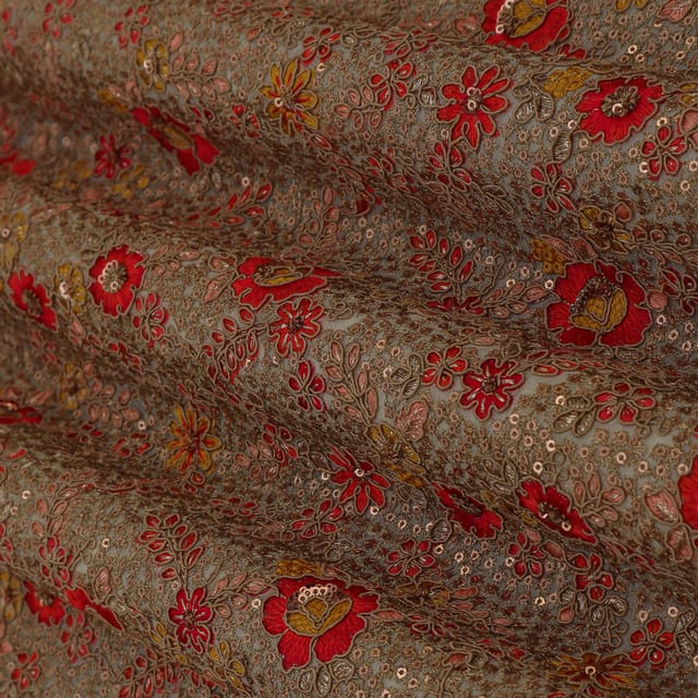 Red & Goldenn Georgette Heavy Floral Sequin Embroidery Fabric