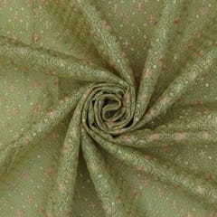 Green Linen Threadwork Floral Sequin Embroidery Fabric