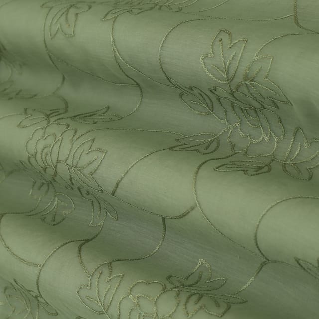 Mint Greenn Chanderi Silk Floral Sequin Embroidery Fabric
