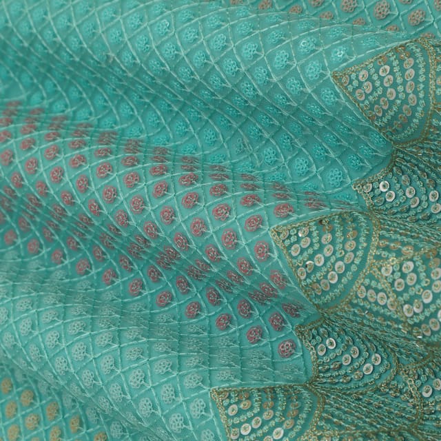 Sky Blue Net  Floral Sequin Embroidery Fabric