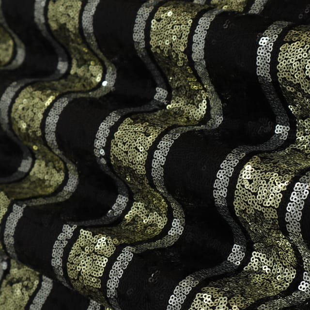 Black Georgette Dim Golden Stripe Sequin Embroidery Fabric