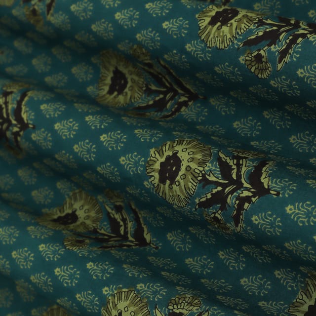 Azure Blue Cotton Digital Floral Print Fabric