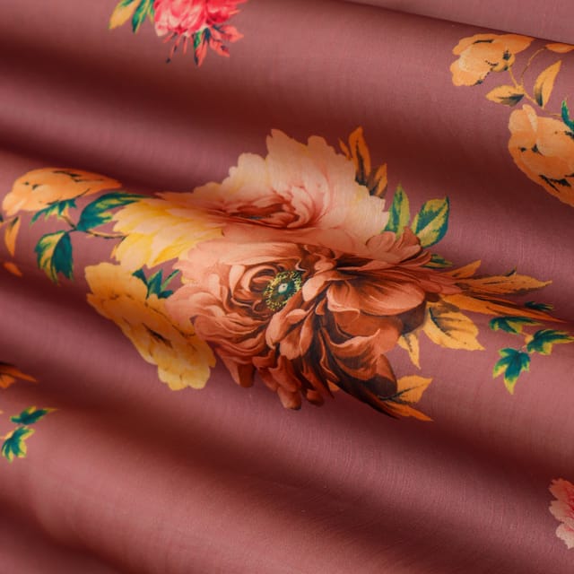 Mauve Purple Floral Print Georgette Satin Fabric