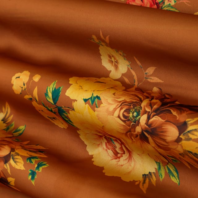 Caramel Brown Floral Print Georgette Satin Fabric