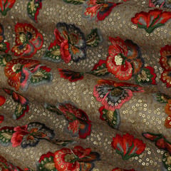 Ash Grey Georgette Sequins Embroidery Fabric