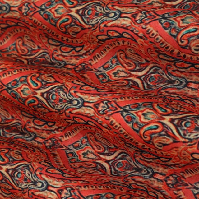 Scarlet Red with Abstract Print Tussar Silk Fabric