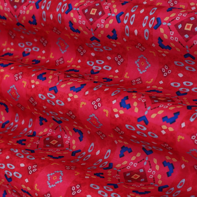 Scarlet Red with Abstract Print Tussar Silk Fabric