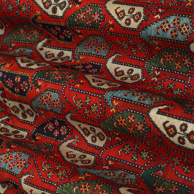 Scarlet Red with Multicoloured Abstract Print Tussar Silk Fabric