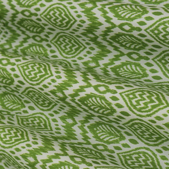 Cream with Green Abstract Print Tussar Silk Fabric