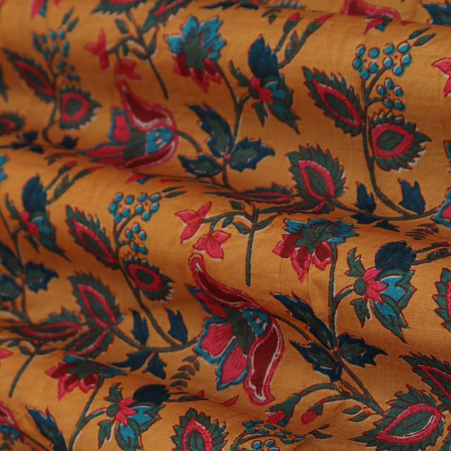 Canary Yellow and Multicoloured Floral Print Tussar Silk Fabric