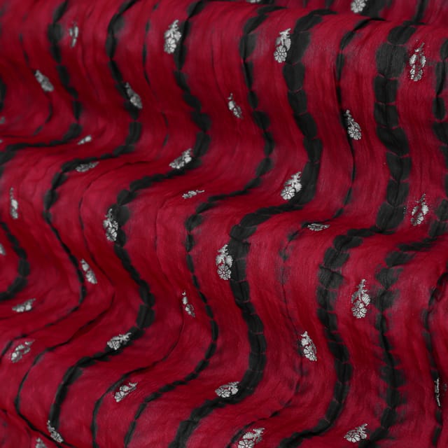 Red and Black Shibori print Booti Dupion Silk Fabric