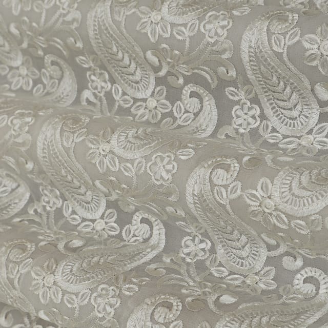 Pearl White Threadwork Embroidery Georgette Fabric