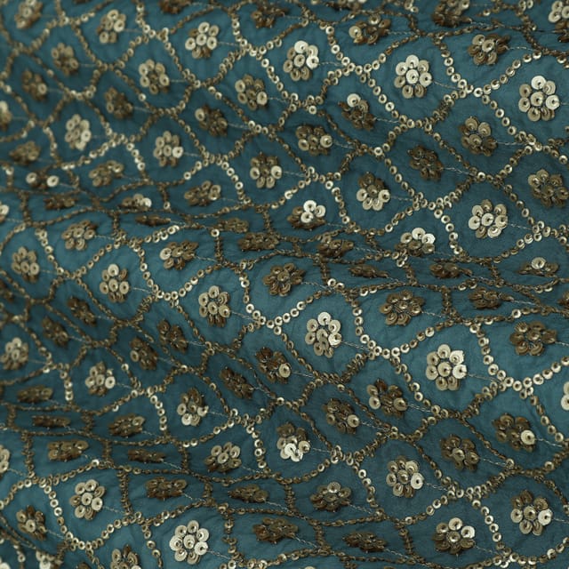 Denim Blue Threadwork Embroidery Chinon Fabric
