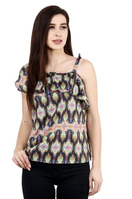 Rs 990/Piece-hazelglowÂ® Basics - Designer - Printed collection, Multi colour, One shoulder, ruffle top for women