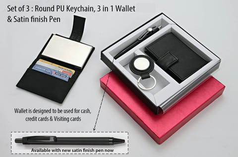 Set of 3 : Round PU Keychain , 3 in 1 wallet (For cash, cards and visiting cards) & Highway Satin pen