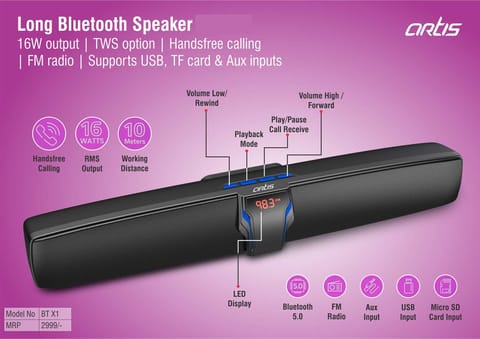 Artis Long Bluetooth Speaker | 16W Output | TWS Option | Handsfree Calling | FM Radio | Supports USB, TF Card & Aux Inputs (BTX1) (MRP 2999)