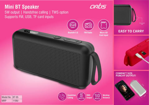 Artis Mini BT Speaker | 5W Output | Handsfree Calling | TWS Option | Supports FM, USB, TF Card Inputs (BT05) (MRP 1199)