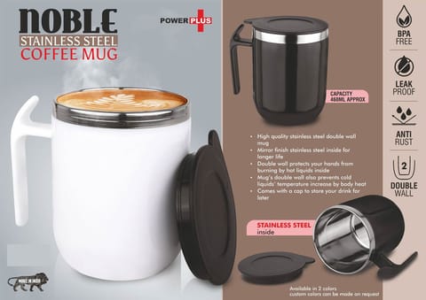 Noble: Stainless Steel Double Wall Coffee Mug With Pointy Handle | Leakproof | Capacity 460ml Approx