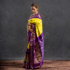 Pochampally Ikkat Silk Saree / Yellow Colour / Purple Border HPISSBS0121