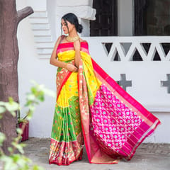 Pochampally Ikkat Silk Saree / Yellow & Parrot Green Colour / Pink Border HPISSCL0121