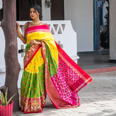 Pochampally Ikkat Silk Saree / Yellow & Parrot Green Colour / Pink Border HPISSCL0121