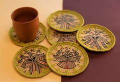 Handmade Crochet And Madhubani Coaster - Peacock Pair (Pack Of 6)