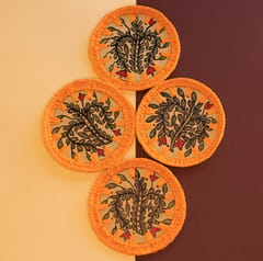 Handmade Crochet And Madhubani Coaster - Flower String  (Pack Of 4)
