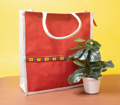 Jute Bag With Floral Design | Red Colour