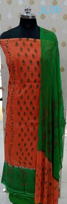 Orange And Green Khadi Silk Dress Material JL006