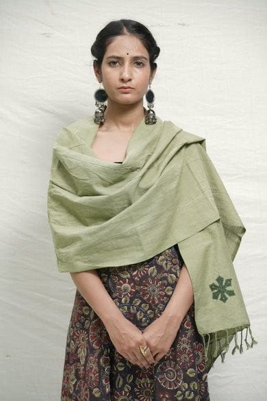 Green Cotton Stole with Flower Applique