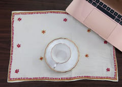 Rectangular Table Placemat  (Creamy White with Pink Embroidery Color, Linen)