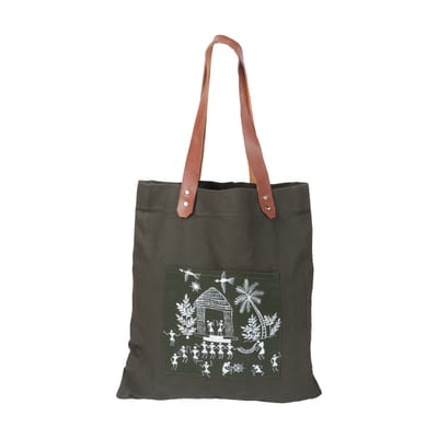 Green Cotton Linen With Warli Hand Painted Tote Bag